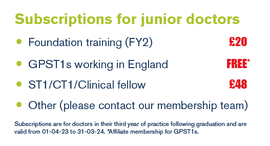 Image with subscriptions for junior doctors, FY2 £20, GPST1s working in England FREE, ST1/CT1/Clinical Fellow £48. Subscriptions are for doctors in their third year of practice following graduation. Valid 1 April 2023 to 31 March 2024